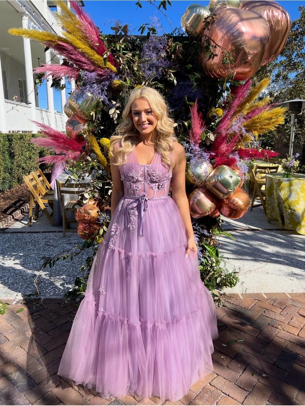 Lavender Tulle Gown with Floral Appliqué